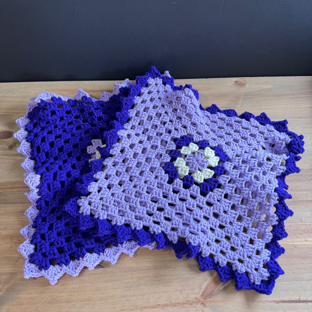 Vintage 12" purple crochet granny square pillow cases handmade boho cottage